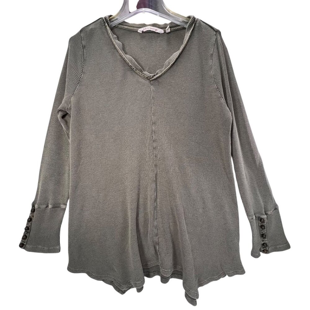 Soft Surroundings Thermal Waffle Tunic Top M Long Sleeve Olive Green Cuff Accent